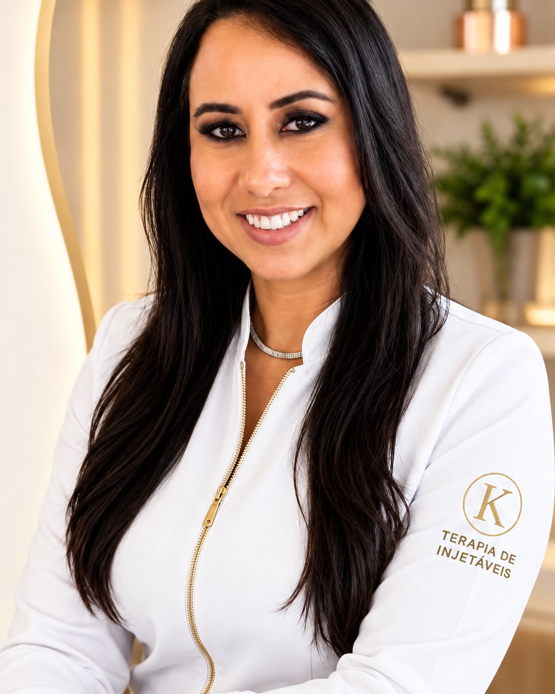 Keila Domingues, enfermeira, sorrindo em consultório